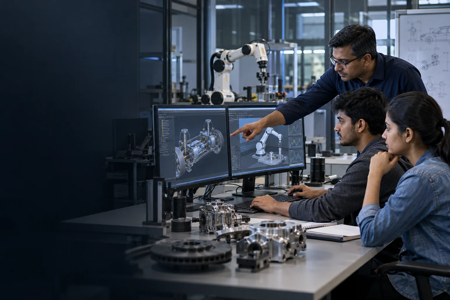 Instructor guiding engineering students through CAD and robotics simulation